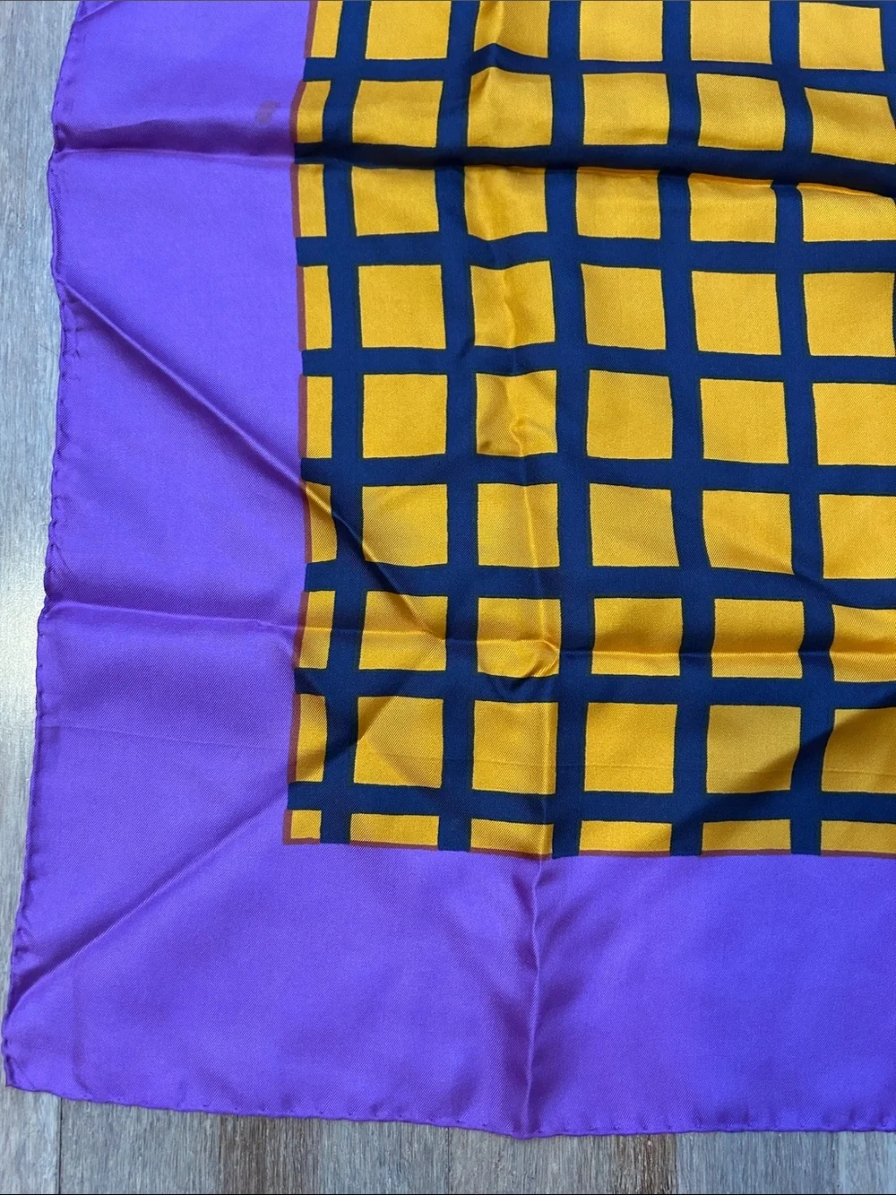 VTG Michel Swiss Purple and Yellow Grid Silk Scarf made in France square